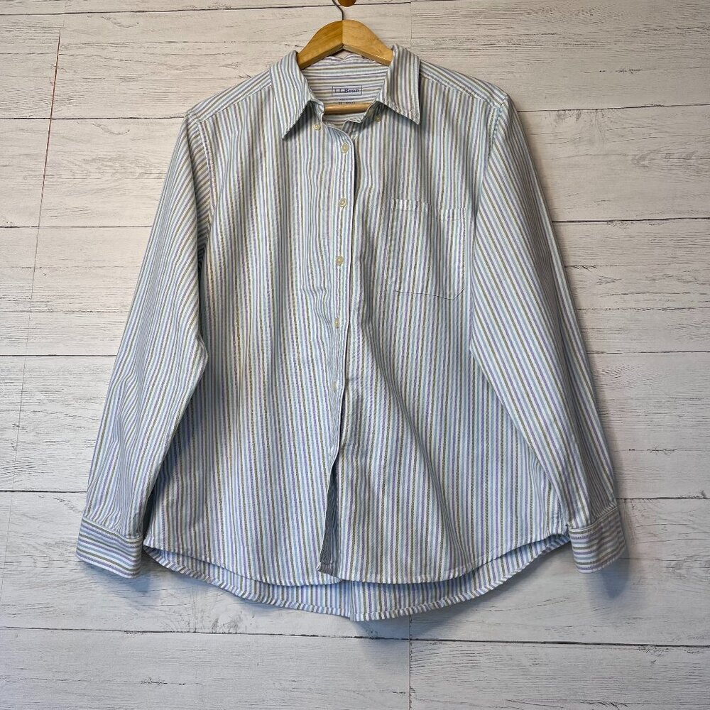 L.L. Bean Shirt Mens SZ XL Blue, Green & White Striped Cotton Button Down Preppy